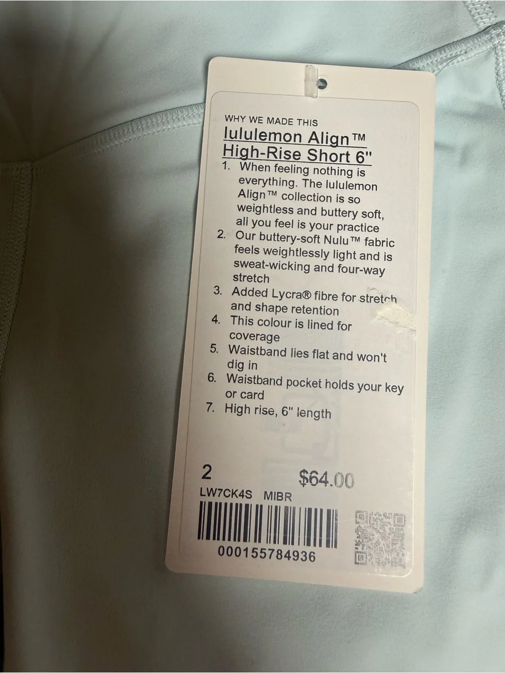 NWT lululemon Align High-Rise Short 6” Size 2 Mint Breeze